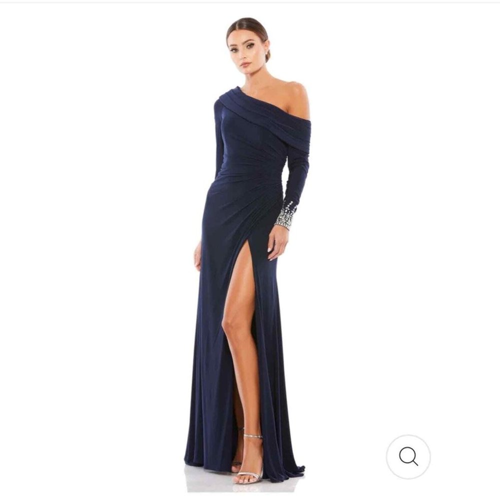 NEW Mac‎ Duggal Beaded Cuff Drop Shoulder Faux Wrap Gown MIDNIGHT